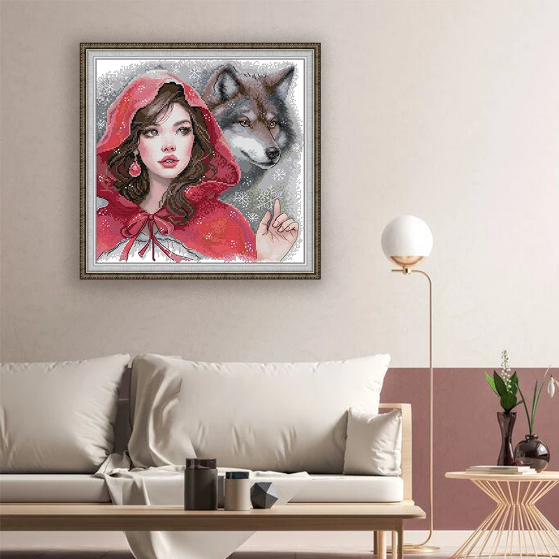JoySundayThe Girl in Red and the Big Bad Wolf Cross Stitch 14CT/16CT/11CT Stamped Fabric Embroidery Kit Needlework Home Décor